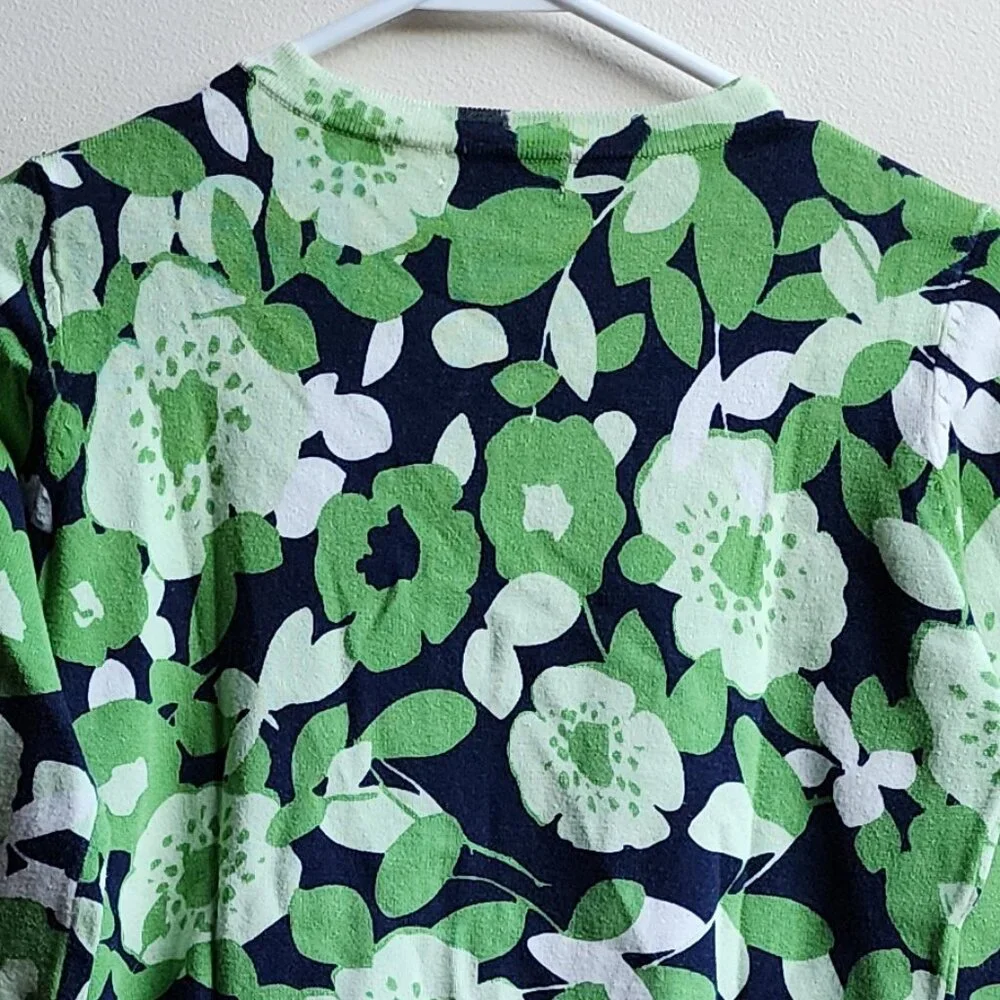 Charter Club Green/Navy Floral Button Down Cardigan Size Petite P Small